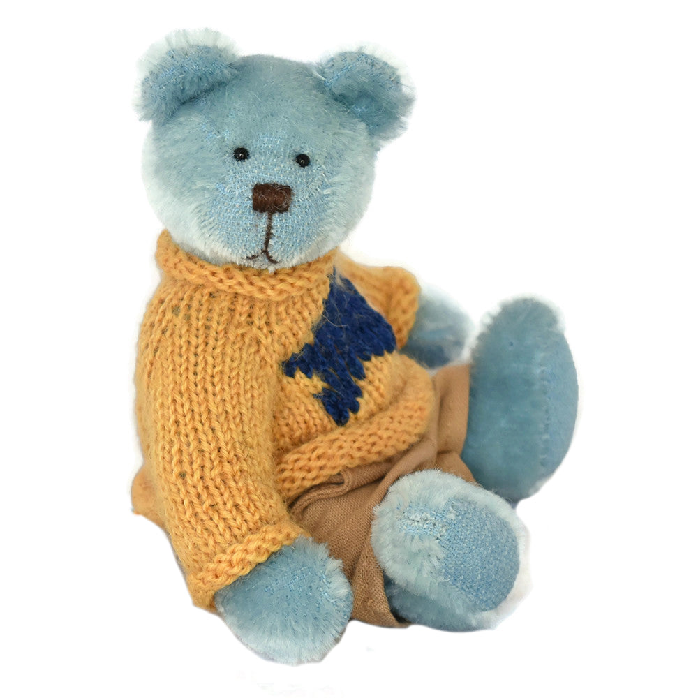 Miniature collectable teddy bear in blue mohair